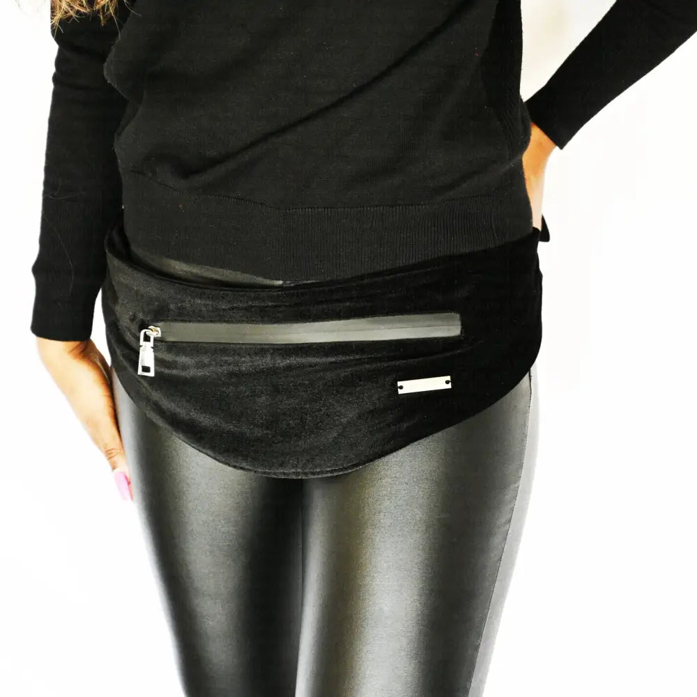 Model wearing RM’s After Five Black Stretch Velvet Scarf, showcasing elegance and comfort.