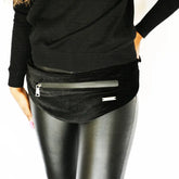 Model wearing RM’s After Five Black Stretch Velvet Scarf, showcasing elegance and comfort.