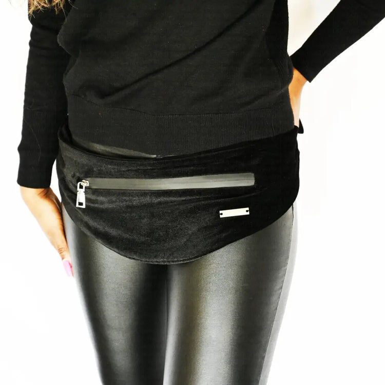 Model wearing RM’s After Five Black Stretch Velvet Scarf, showcasing elegance and comfort.