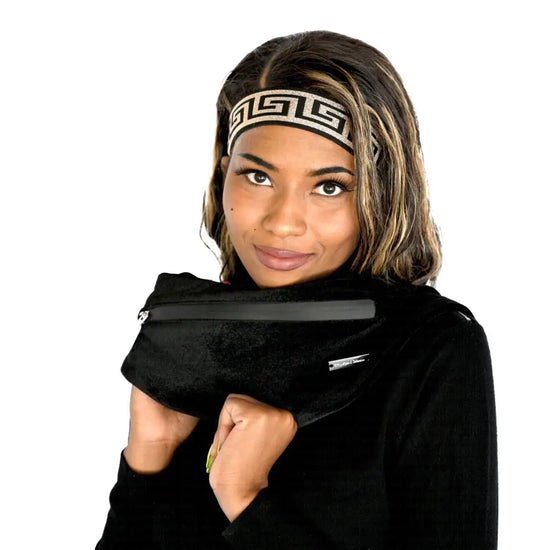  Model wearing RM’s After Five Black Stretch Velvet Scarf, showcasing elegance and comfort.