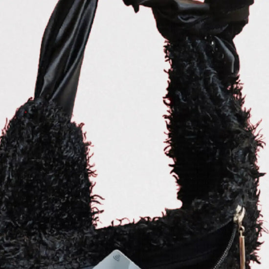 Warm And Plush Curly Black Faux Fur ScarfBag With Lambskin